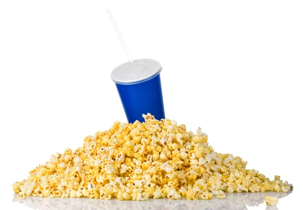 Cup of soft drink on a heap of popcorn isolated on white background — 스톡 사진