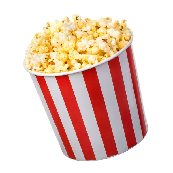 Papieren gestreepte emmer met popcorn geïsoleerd op witte achtergrond — Stockfoto