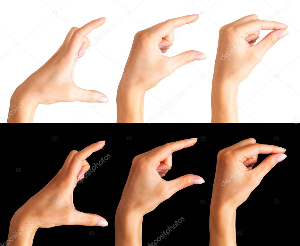 Set of woman hands holding something with two fingers