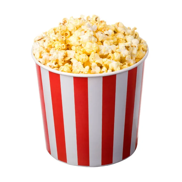 Papieren gestreepte emmer met popcorn geïsoleerd op witte achtergrond — Stockfoto