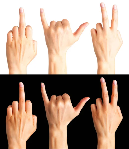 Manos femeninas mostrando tres gestos diferentes . — Foto de Stock