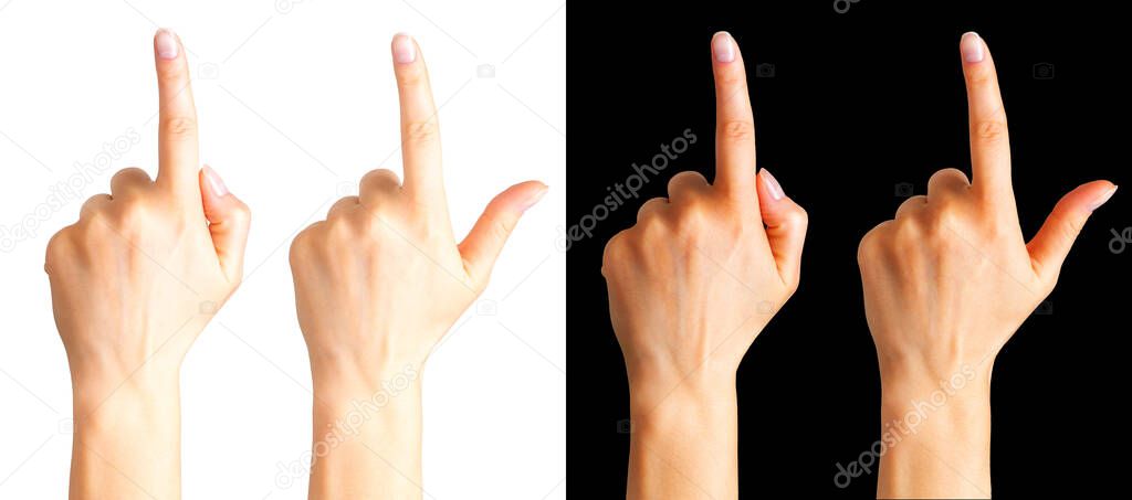 Set of women hands with the index finger pointing up on a white and black