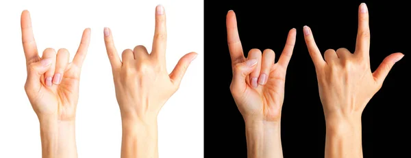 Набор женских рук с рок-н-ролльным знаком или жестом дьявольских рогов — стоковое фото