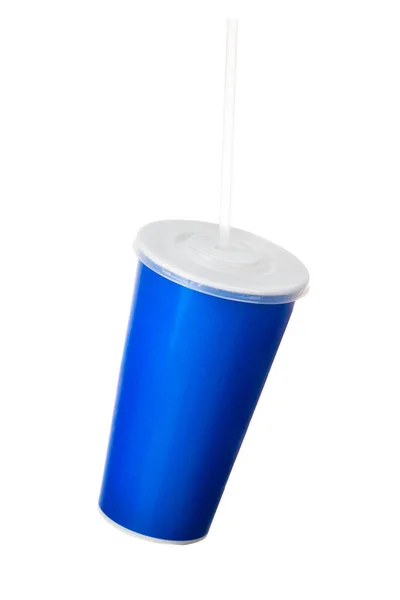Kék csésze kupakkal és cső elszigetelt fehér alapon — Stock Fotó