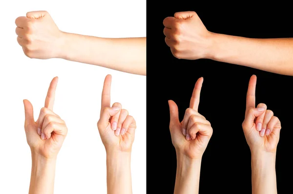 Conjunto de manos de mujer con el dedo hacia arriba y el puño — Foto de Stock