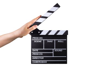 Human hand holding fiilm clapper board isolated on white background with clipping path. clipart