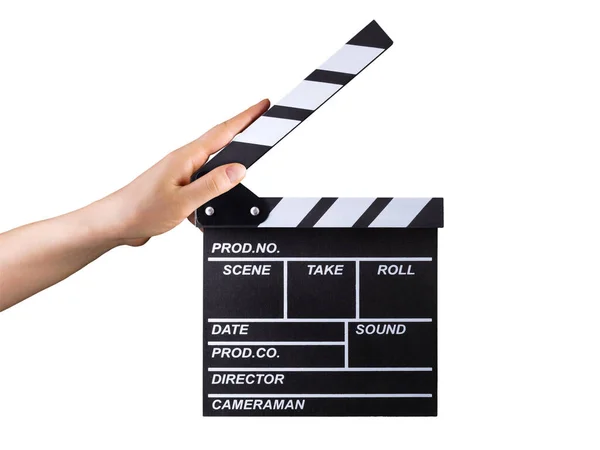 Human Hand Holding Fiilm Clapper Board Isolated White Background Clipping — Stock Photo, Image