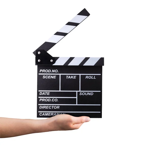 Menselijke Hand Houden Fiilm Clapper Board Geïsoleerd Witte Achtergrond Met — Stockfoto