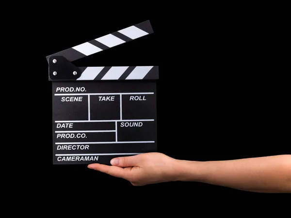 Human Hand Holding Fiilm Clapper Board Isolated Black Background Clipping — Stock Photo, Image