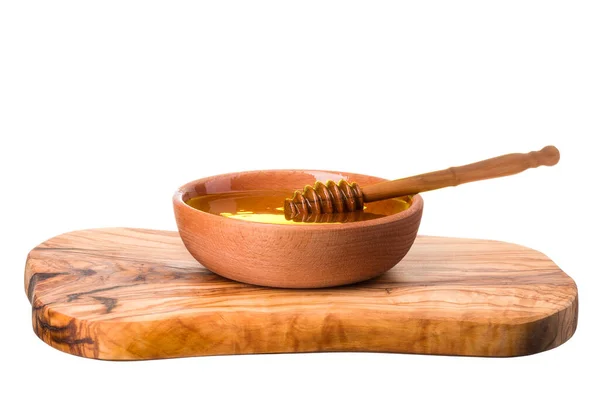 Wooden Bowl Full Honey Wooden Dipper Wooden Plank Isolated White — Stock Photo, Image