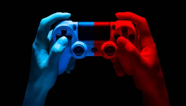 Jeu Vidéo Mains Hyman Gamepad Dans Les Néons Isolés Sur — Photo