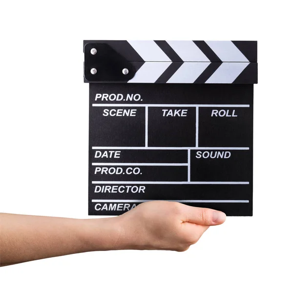 Human hand holding film clapper board isolated on white background — Stock Photo, Image