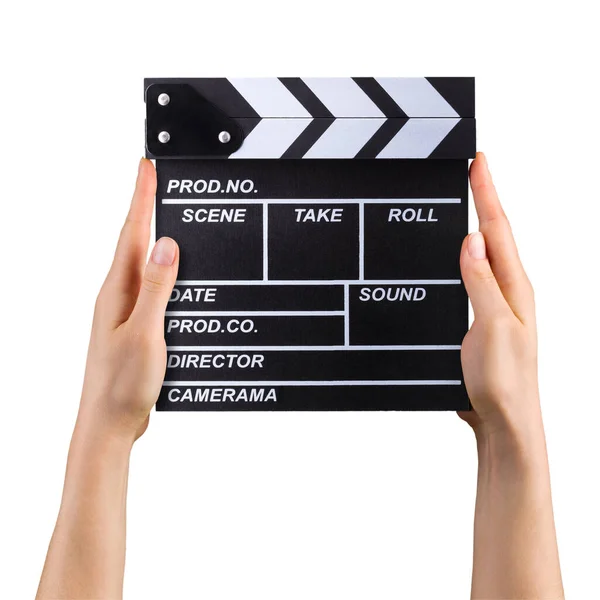 Human hand holding film clapper board isolated on white background — Stock Photo, Image