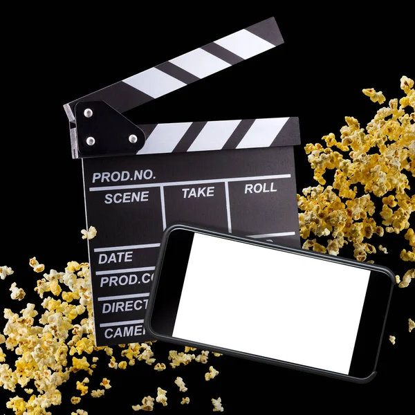 Popcorn Volanti Lavagna Film Telefono Isolati Sfondo Nero Concetto Guardare — Foto Stock
