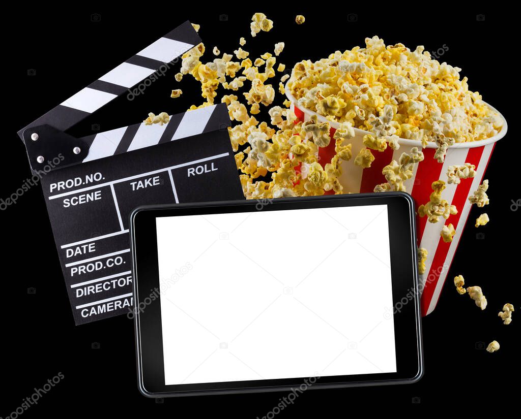 Flying popcorn, film clapper board and phone isolated on black background, concept of watching TV or cinema.