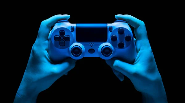 Hyman Hands Video Game Gamepad Neon Lights Isolated Black Background — Stock Photo, Image