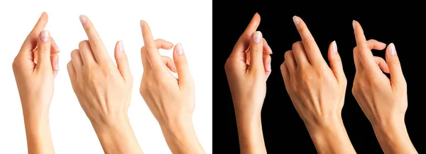 Woman Beautiful Hands Showing Something Black Background Spa Soft Skin — 스톡 사진