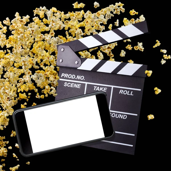 Popcorn Volanti Lavagna Film Telefono Isolati Sfondo Nero Concetto Guardare — Foto Stock