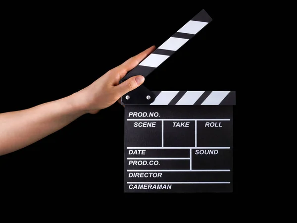 Ανθρώπινο Χέρι Κρατώντας Fiilm Πλακέτα Clapper Απομονώνονται Μαύρο Φόντο Clipping — Φωτογραφία Αρχείου