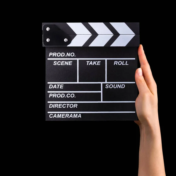 Ανθρώπινο Χέρι Κρατώντας Fiilm Πλακέτα Clapper Απομονώνονται Μαύρο Φόντο Clipping — Φωτογραφία Αρχείου