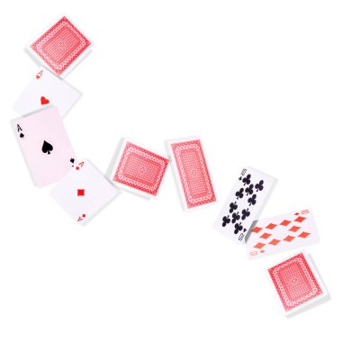 Beyaz arkaplanda poker kartları uçuyor.