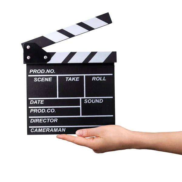 Human hand holding film clapper board isolated on white background — Stock Photo, Image