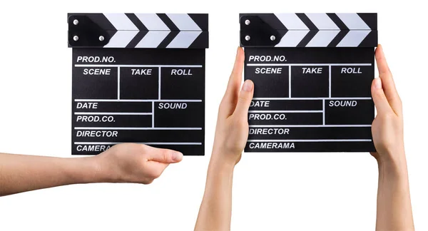 Uppsättning Film Clapper Styrelser Och Mänskliga Händer Isolerade Vit Bakgrund — Stockfoto