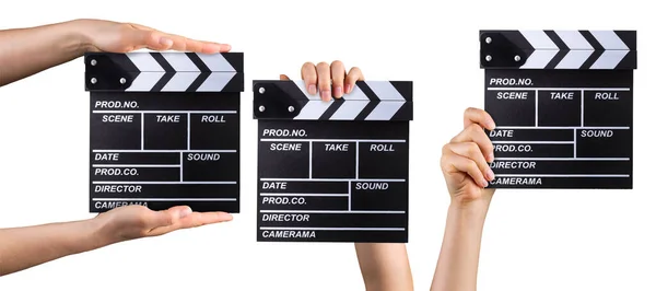 Set Film Clapper Boards Human Hands Isolated White Background — Stock Photo, Image