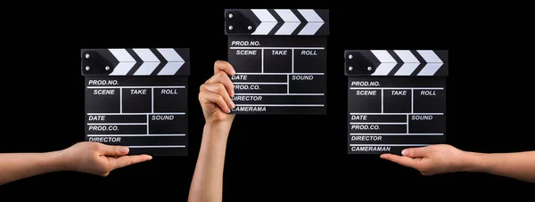 Set Van Film Clapper Boards Menselijke Handen Geïsoleerd Zwarte Achtergrond — Stockfoto