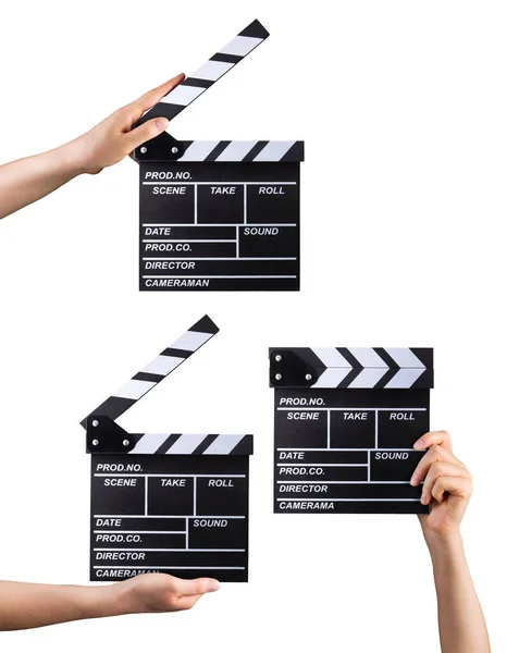 Set Filmklappbretter Und Menschliche Hände Isoliert Auf Weißem Hintergrund — Stockfoto