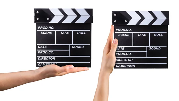 Set of film clapper boards and human hands isolated on white background.