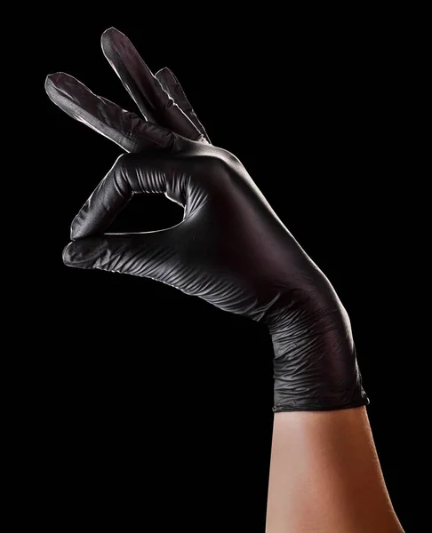 Hand Black Gloves Showing Picking Pose Holding Something Two Fingers — Stock Photo, Image