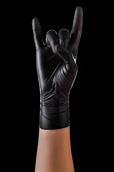Hand Zwarte Handschoenen Met Rock Roll Teken Het Geven Van — Stockfoto