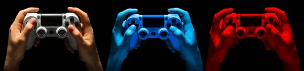 Conjunto Mãos Segurando Gamepad Jogo Vídeo Luzes Néon Isolado Fundo — Fotografia de Stock