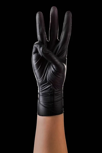 Hand Black Gloves Showing Fingers Counting Isolated Black Background Isolated — Stock Photo, Image