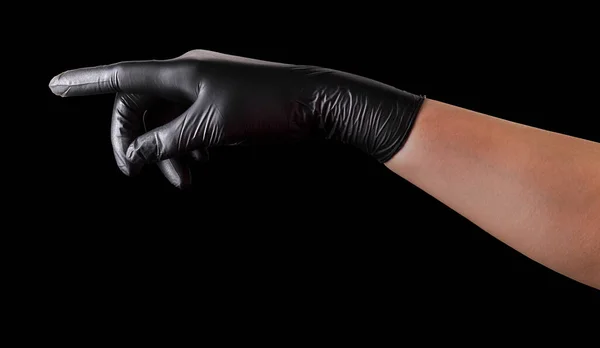 Ręka Czarne Rękawiczki Palcem Wskazującym Lub Dotykającym Czegoś Odizolowanego Czarnym — Zdjęcie stockowe