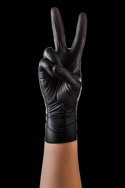 Hand Hand Mit Schwarzen Handschuhen Die Zwei Finger Das Friedens — Stockfoto