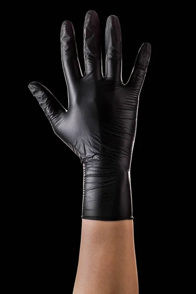 Ręka Czarnych Rękawiczkach Pokazuje Pięć Palców Dłoni Odizolowanych Czarnym Tle — Zdjęcie stockowe