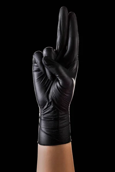 Main Dans Des Gants Noirs Montrant Deux Doigts Vers Haut — Photo