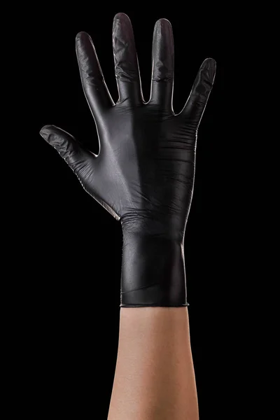 Hand Zwarte Handschoenen Met Vijf Vingers Palm Geïsoleerd Zwarte Achtergrond — Stockfoto