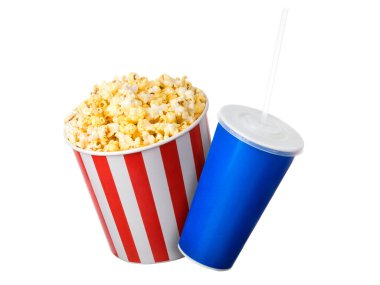 Paper striped bucket with popcorn and cup of soft drink isolated on white background, movie night concept or watching TV.
