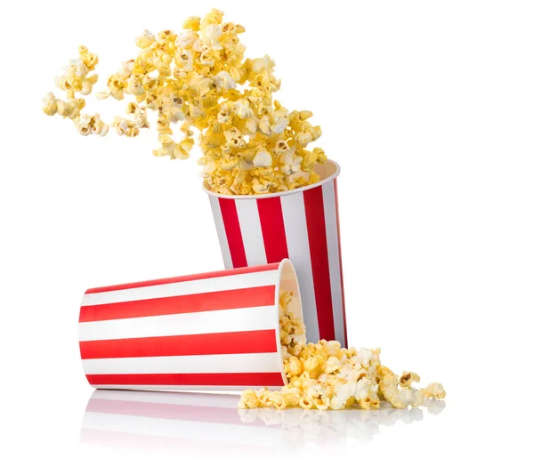 Set Popcorn Volanti Secchio Strisce Carta Popcorn Sparsi Isolati Sfondo — Foto Stock