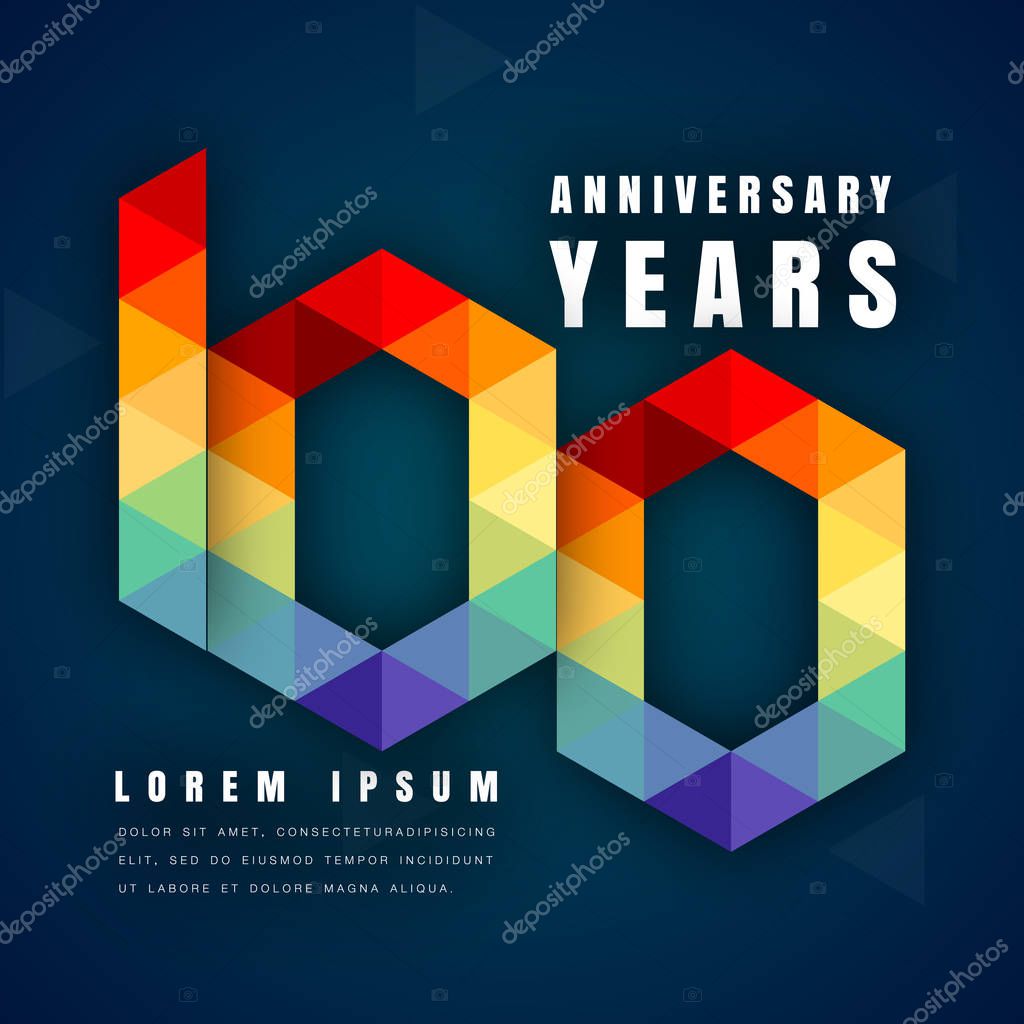 Anniversary emblems celebration logo, 100th birthday vector illustration, with dark blue background, modern geometric style and colorful polygonal design. 100 anniversary template design
