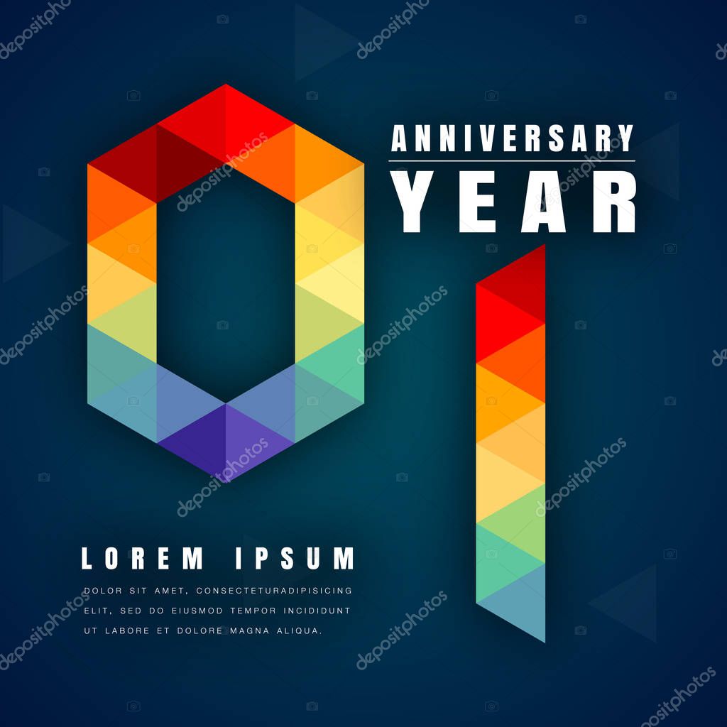 Anniversary emblems celebration logo, 1st birthday vector illustration, with dark blue background, modern geometric style and colorful polygonal design. 1 anniversary template design
