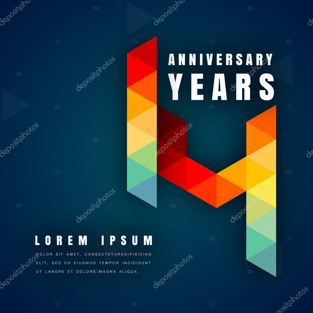 Anniversary emblems celebration logo, 14th birthday vector illustration, with dark blue background, modern geometric style and colorful polygonal design. 14 anniversary template design