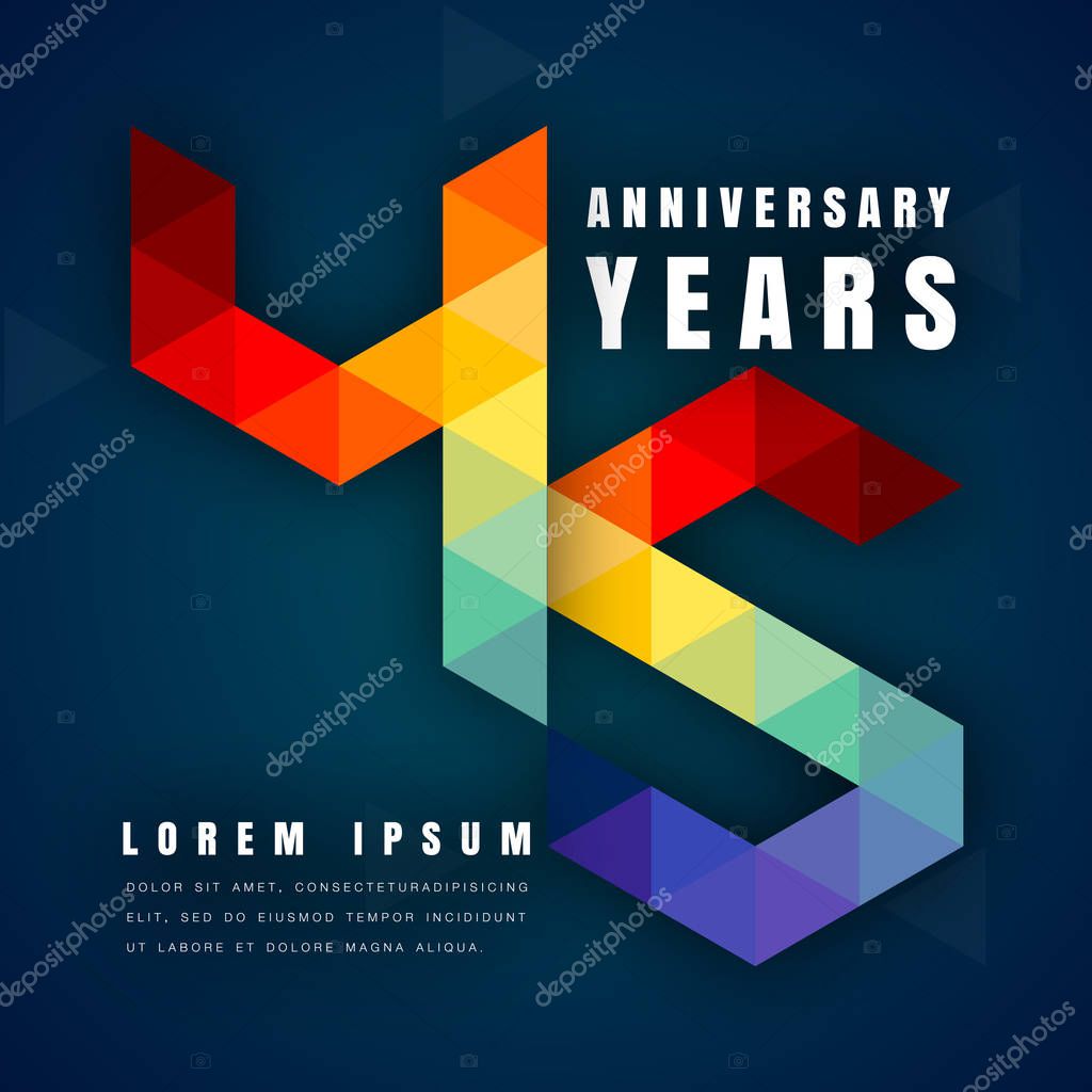 Anniversary emblems celebration logo, 45th birthday vector illustration, with dark blue background, modern geometric style and colorful polygonal design. 45 anniversary template design