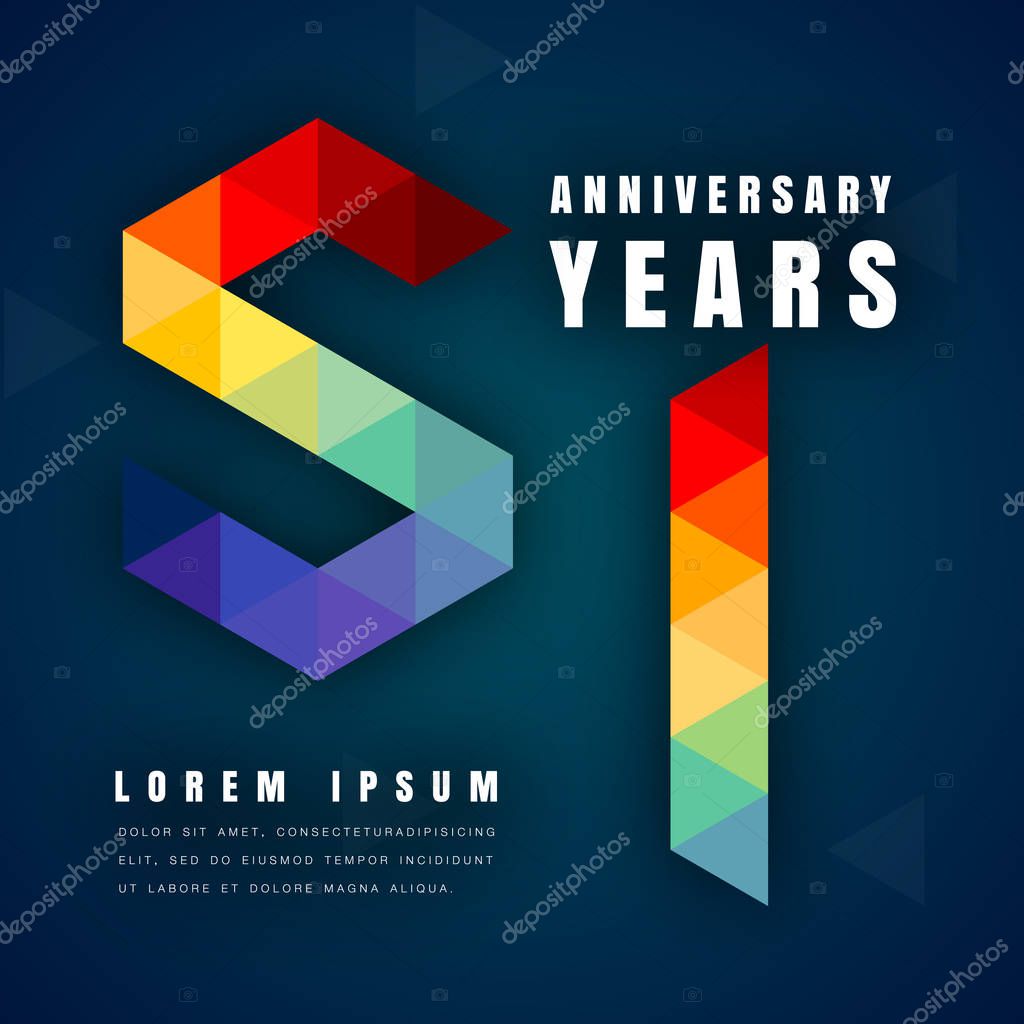 Anniversary emblems celebration logo, 51st birthday vector illustration, with dark blue background, modern geometric style and colorful polygonal design. 51 anniversary template design