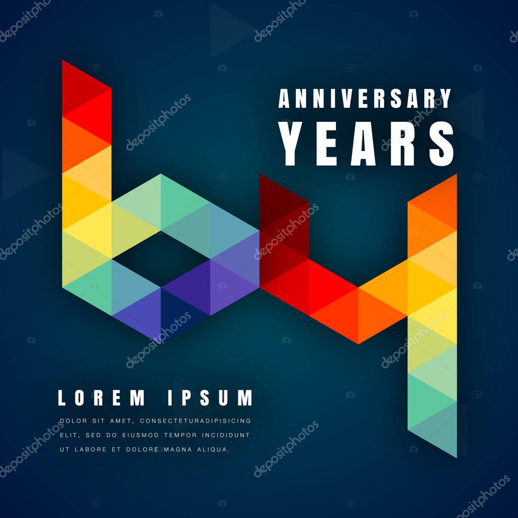 Anniversary emblems celebration logo, 64th birthday vector illustration, with dark blue background, modern geometric style and colorful polygonal design. 64 anniversary template design