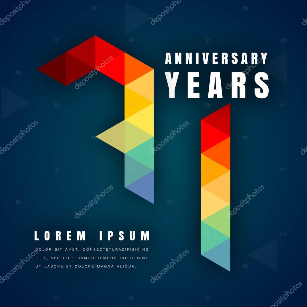 Anniversary emblems celebration logo, 71st birthday vector illustration, with dark blue background, modern geometric style and colorful polygonal design. 71 anniversary template design