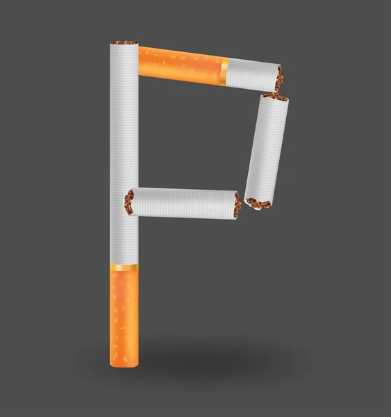 Alfabeto "P" hecho de cigarrillos sobre fondo negro — Vector de stock